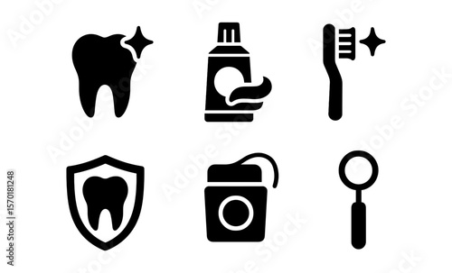 Dental hygiene icons set: tooth, toothbrush, toothpaste, dental shield, floss, dental mirror