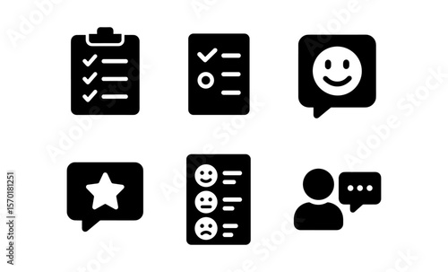 Vector icons: checklist, survey, feedback, rating, and communication symbols