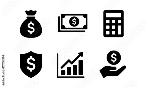 Financial icons collection showcasing money, calculations, and investment growth