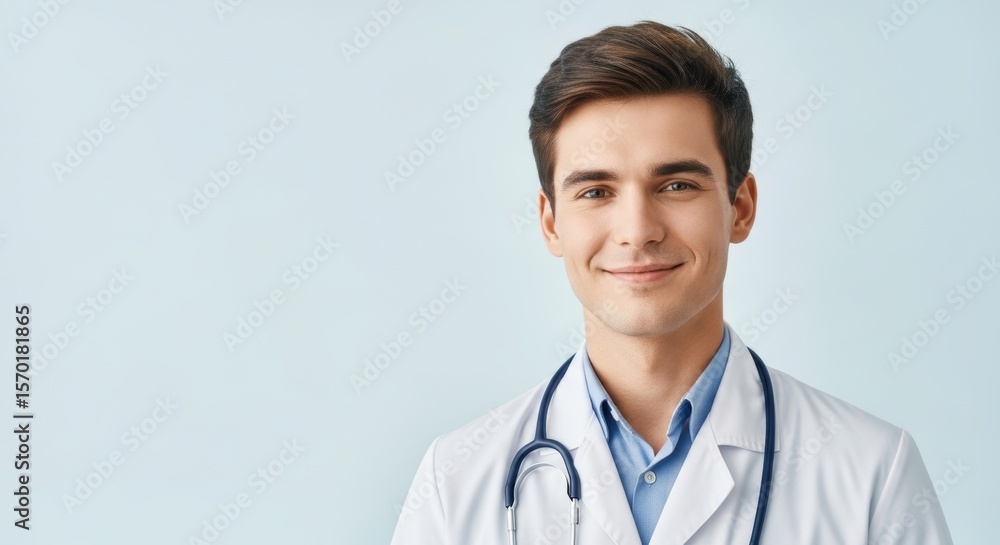 Young caucasian male doctor smiling with stethoscope against light blue background Young caucasian male doctor smiling with stethoscope against light blue background