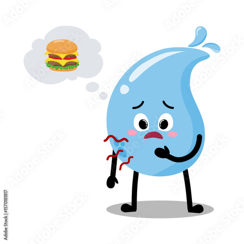 Cute Hand Drawn Hungry Water Drop Want a Burger