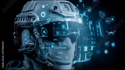 Futuristic military helmet heads-up display (HUD) showing icons of communication systems, thermal vision, targeting locks, and drone deployment