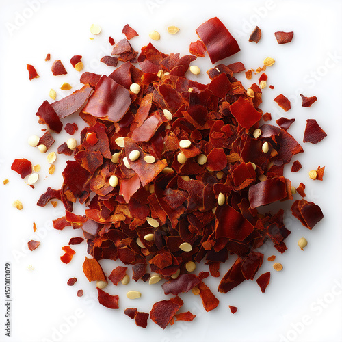 Pile of dried calabrian chili peppers with seeds on white background
