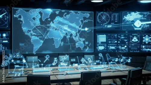 High-tech war room with 3D holograms and military icons including nuclear deterrence, defense shields, stealth aircraft, and missile tracking systems
