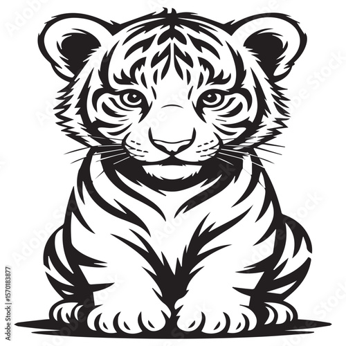 A stylized black and white illustration of a cute baby tiger sitting and looking directly at the viewer with its distinctive stripes and innocent eyes