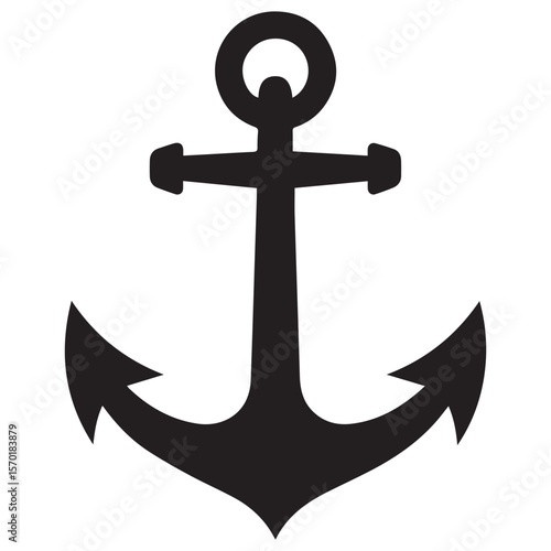 A simple black silhouette of a classic nautical anchor with a circular ring at the top and two flukes at the bottom isolated on a white background