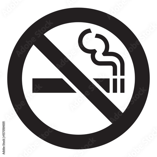 A clear black and white graphic symbol indicating no smoking is allowed in this area featuring a cigarette with smoke crossed by a diagonal line within a circle