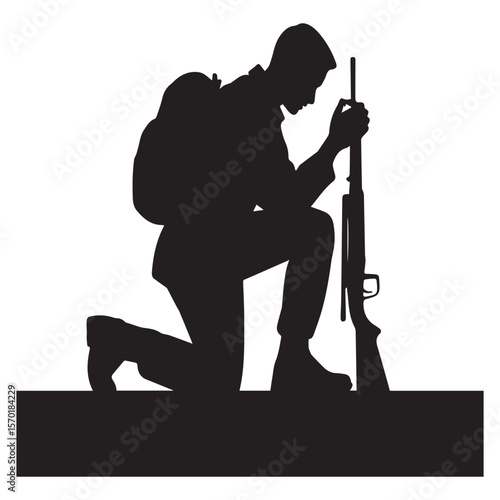 Silhouette of a soldier kneeling with a rifle and backpack head bowed in remembrance or prayer symbolizing sacrifice and honor