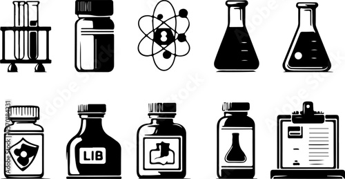 Vector sketch illustration collection of transparent glass bottle designs, results of laboratory experiments and scientific research