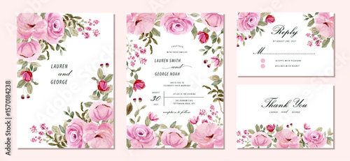 wedding invitation set with beautiful pink floral watercolor frame