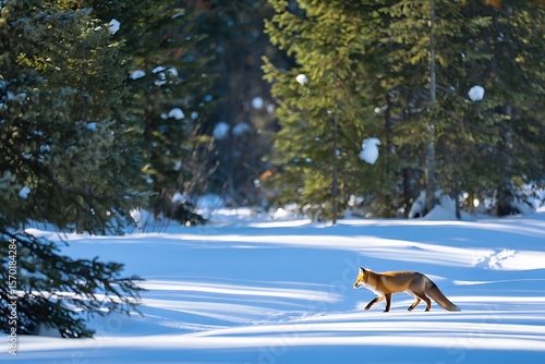 Fox walking through snowy forest scene