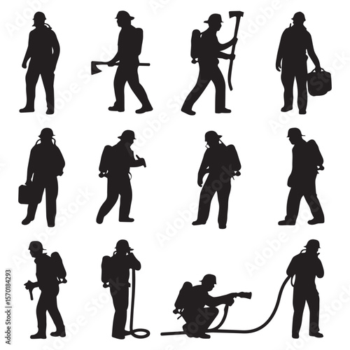 Collection of silhouettes of firefighters in various poses and actions holding equipment and responding to emergencies