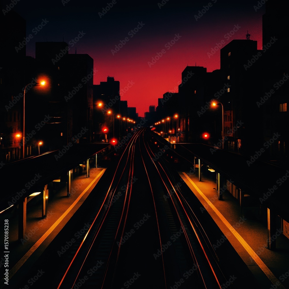 Fototapeta premium Urban train tracks at twilight with distant city silhouette and vibrant sky
