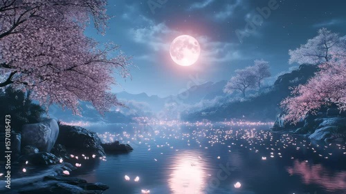 A full moon shining over cherry blossoms
