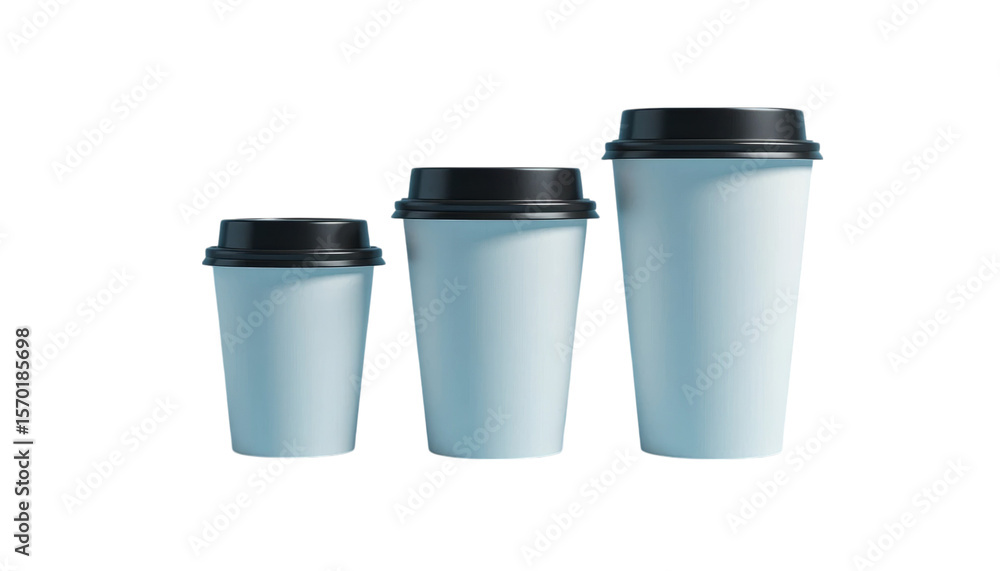 Three paper coffee cups with black lids different sizes for coffee to go and takeaway hot drinks concept ,transparent png Three paper coffee cups with black lids different sizes for coffee to go and takeaway hot drinks concept ,transparent png