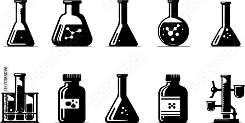 Vector sketch illustration collection of transparent glass bottle designs of laboratory test results, experiments and research