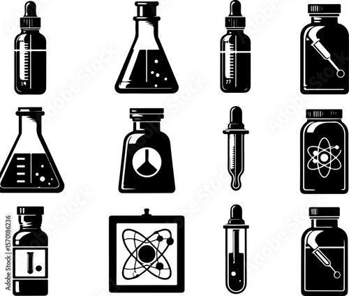 Vector sketch illustration collection of transparent glass bottle designs of laboratory test results, experiments and research