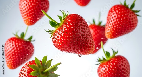 Fresh Strawberries Floating in Air Close-up on White