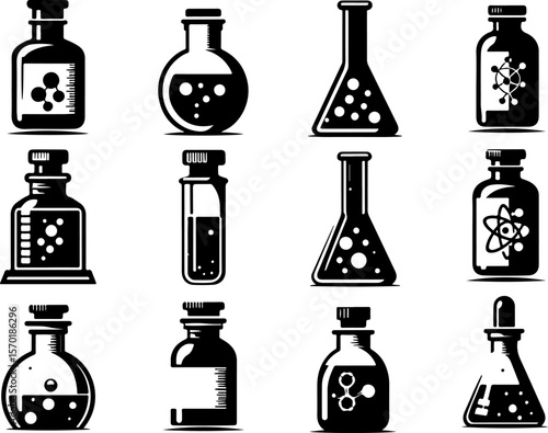 Vector sketch illustration collection of transparent glass bottle designs of laboratory test results, experiments and research 