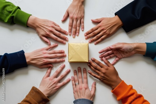 Diverse hands reaching for a gift box on a table  