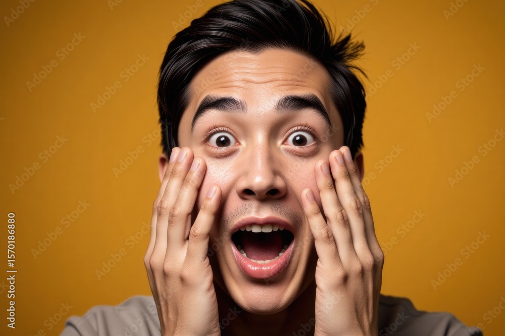 Young Asian man expressing surprise with hands on face indoors Young Asian man expressing surprise with hands on face indoors