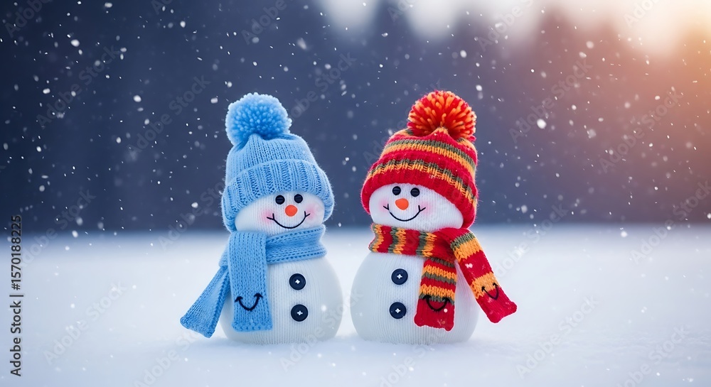 Fototapeta premium Two Snowmen in Winter Wonderland Under Falling Snow
