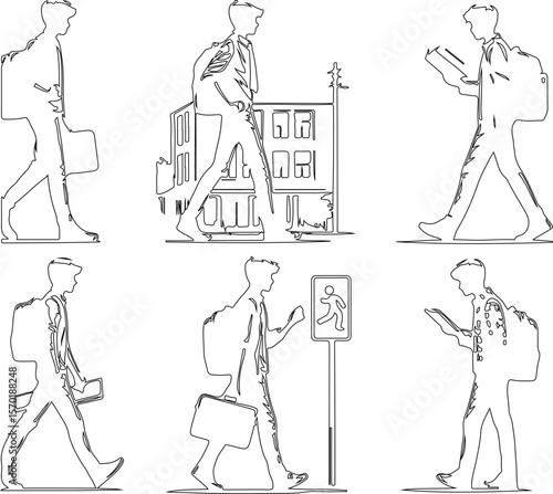 vector illustration silhouette design of students and office workers walking along the sidewalk