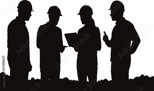 Construction workers, engineers on work site icon silhouette, editable vector illustration. Group of workers on hardhat and safety gears in construction site with backlight, miners in the mines icon