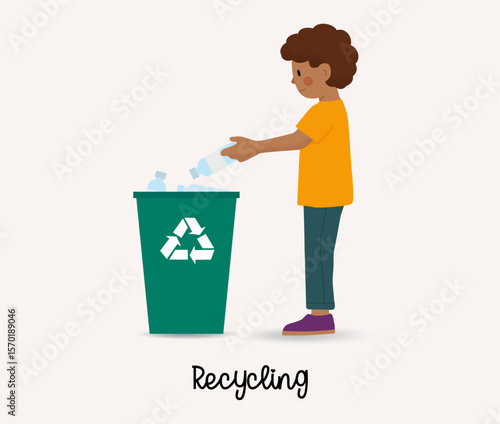 A boy or man throwing empty plastic bottle into recycling bin