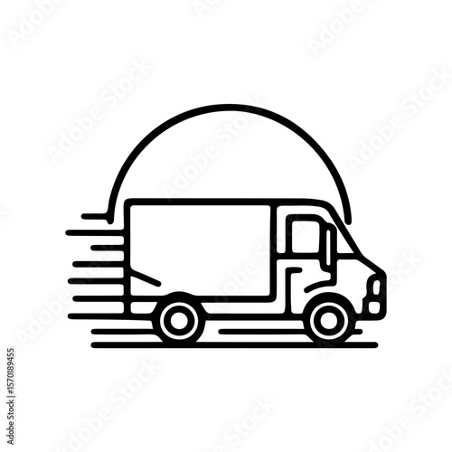 Delivery truck moving quickly with speed lines and sun icon  