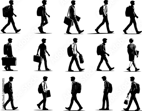 collection of vector silhouette sketches illustration images of employees, workers, students, college students wearing shirts and jackets walking to campus and school