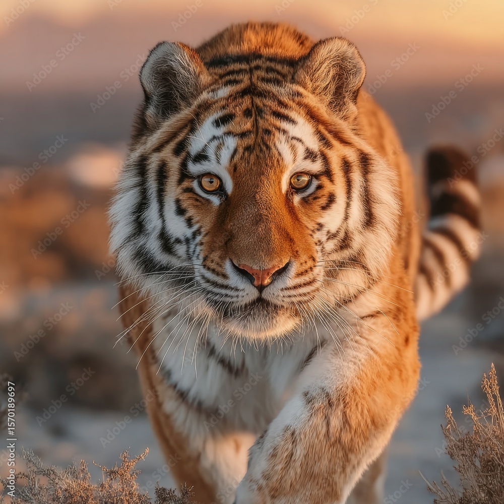 Fototapeta premium Hermoso tigre, corriendo sobre la nieve, foto ganadora del premio a naturaleza salvaje.
