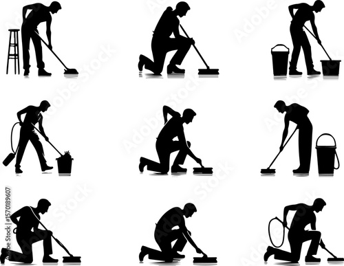 collection of vector silhouette sketches illustration of office boy cleaners cleaning