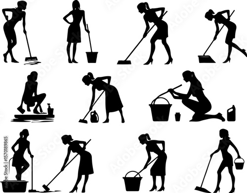 collection of vector silhouettes illustration of sexy office boy female waiter design doing cleaning work