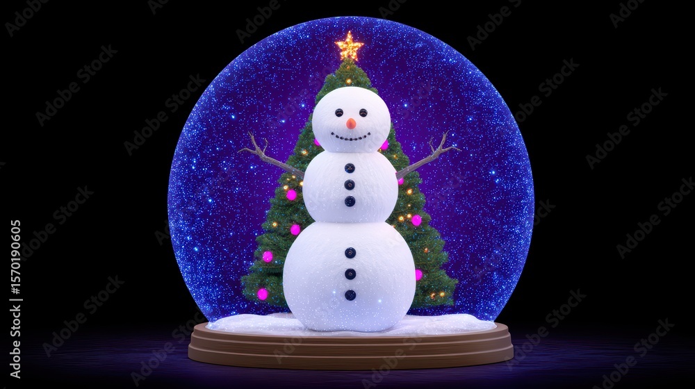 Obraz premium Festive Snow Globe with Cheerful Snowman and Sparkling Christmas Tree Decoration for Holiday Celebrations