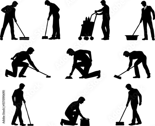 silhouette collection vector illustration design office boy waiter cleaning the floor