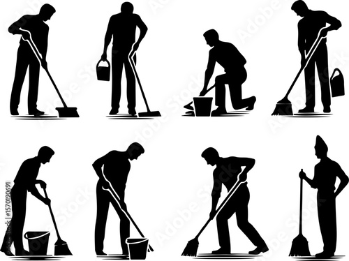 silhouette collection vector illustration design office boy waiter cleaning the floor