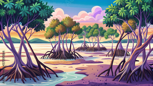 Mangrove forest at low tide showcasing exposed roots and tidal flats. Ideal for themes of coastal ecology, environmental conservation, and tropical wetland habitat