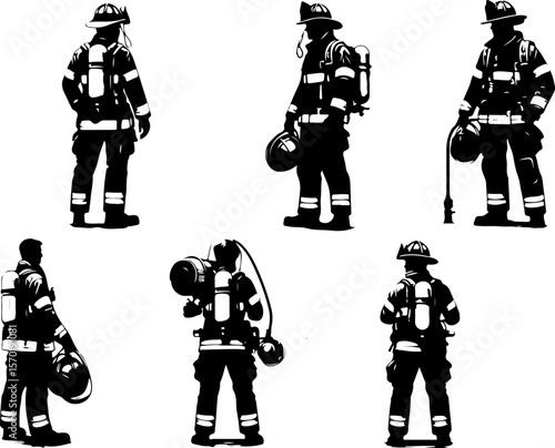 silhouette sketch vector illustration collection of images of firefighters with safety equipment 