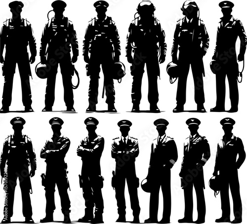 collection of vector sketch design illustrations of silhouettes of fighter and commercial aircraft pilots in the air.