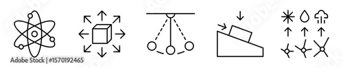 Conjunto de iconos de física y materia. Física clásica y propiedades de la materia. Estructura atómica, fuerzas vectoriales, movimiento oscilatorio, fricción cinética y estados físicos