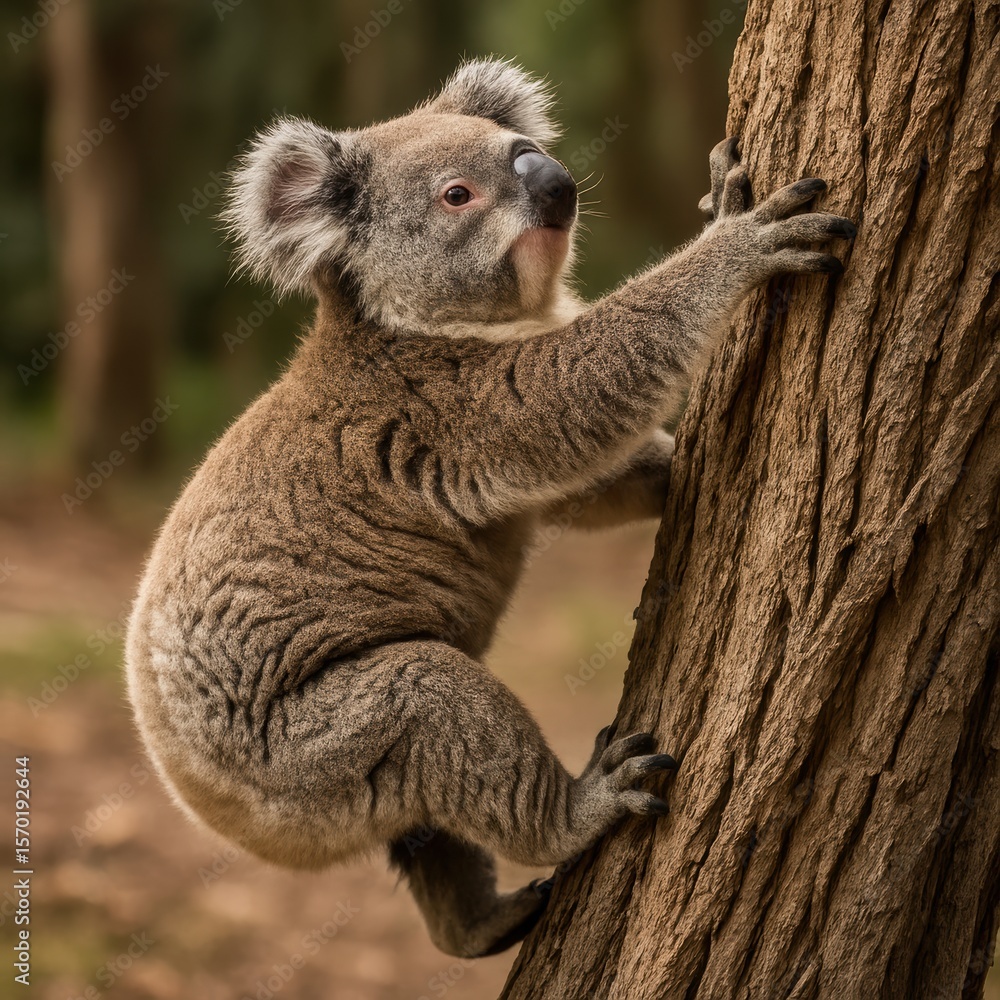 Obraz premium Young koala climbing tree in australian forest setting