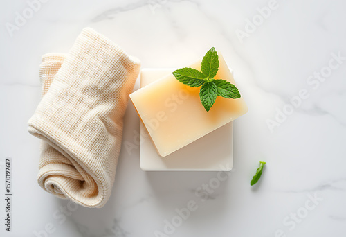 Wallpaper Mural Natural soap bar with fresh mint leaves and rolled washcloth on marble surface Torontodigital.ca