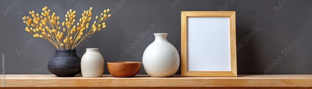 Decorative Shelf Arrangement with Vases, Bowls, and Frame Set Against a Gray Background for Home Decor Inspiration Decorative Shelf Arrangement with Vases, Bowls, and Frame Set Against a Gray Background for Home Decor Inspiration