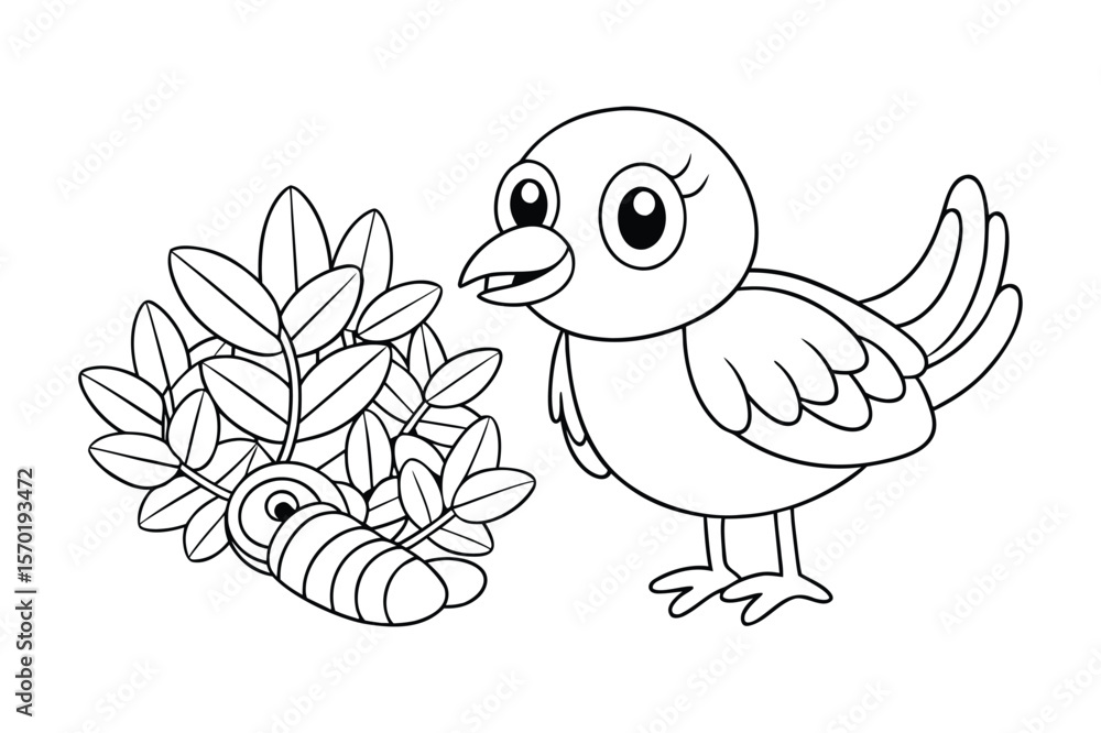 Fototapeta premium A bird with a worm in beak near a bush for kids coloring book vector illustration.