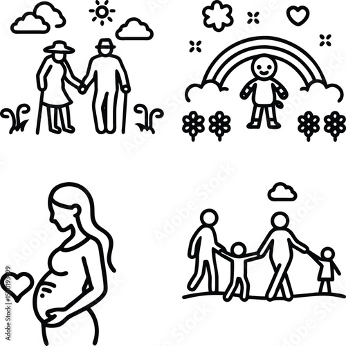Vector illustration of family life stages and relationships are depicted with simple line art isolated on white background