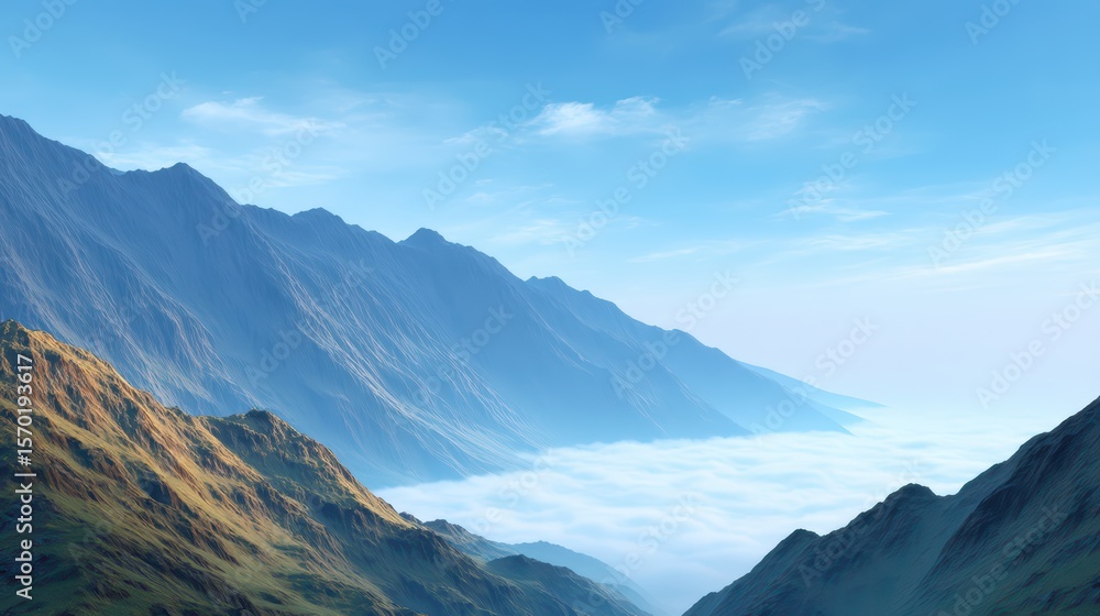 Obraz premium Serene Mountain Landscape with Fog Rolling Through Valleys and Clear Blue Sky Above Majestic Peaks