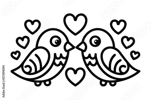 A lovebird pair with hearts floating for kids coloring book vector illustration.