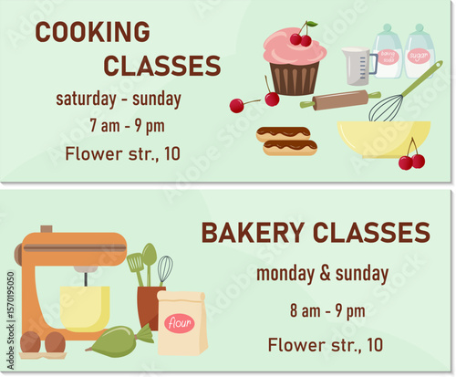 Flyer - invitation to culinary courses. Baking and making sweet cakes and pastries. Tools and products for cooking - mixer, eggs and flour, sugar and soda, berries, pastry bag. Concept of culinary