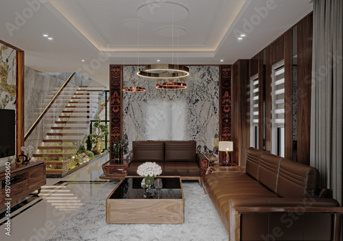 3d render luxury apartment living and dining room
